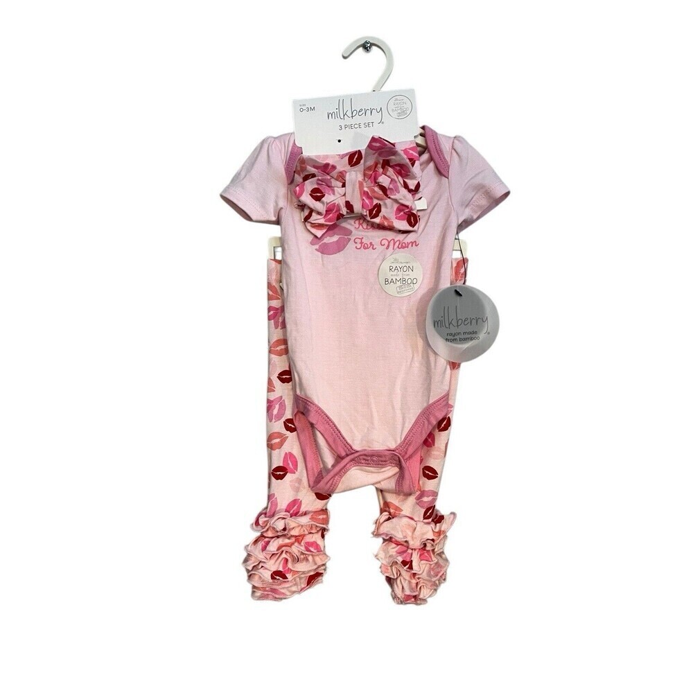 Milkberry Girl Size 0-3 Months Baby 3 Piece Set Pink Lips Ruffle Pants Bow Pink